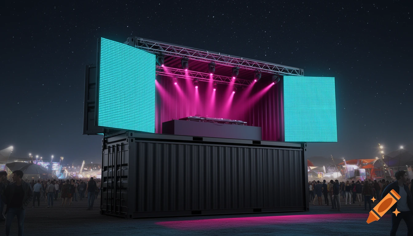 3D render of a night music festival DJ stage made from black shipping containers with magenta spotlights and cyan LED screens, a crowd in the background.