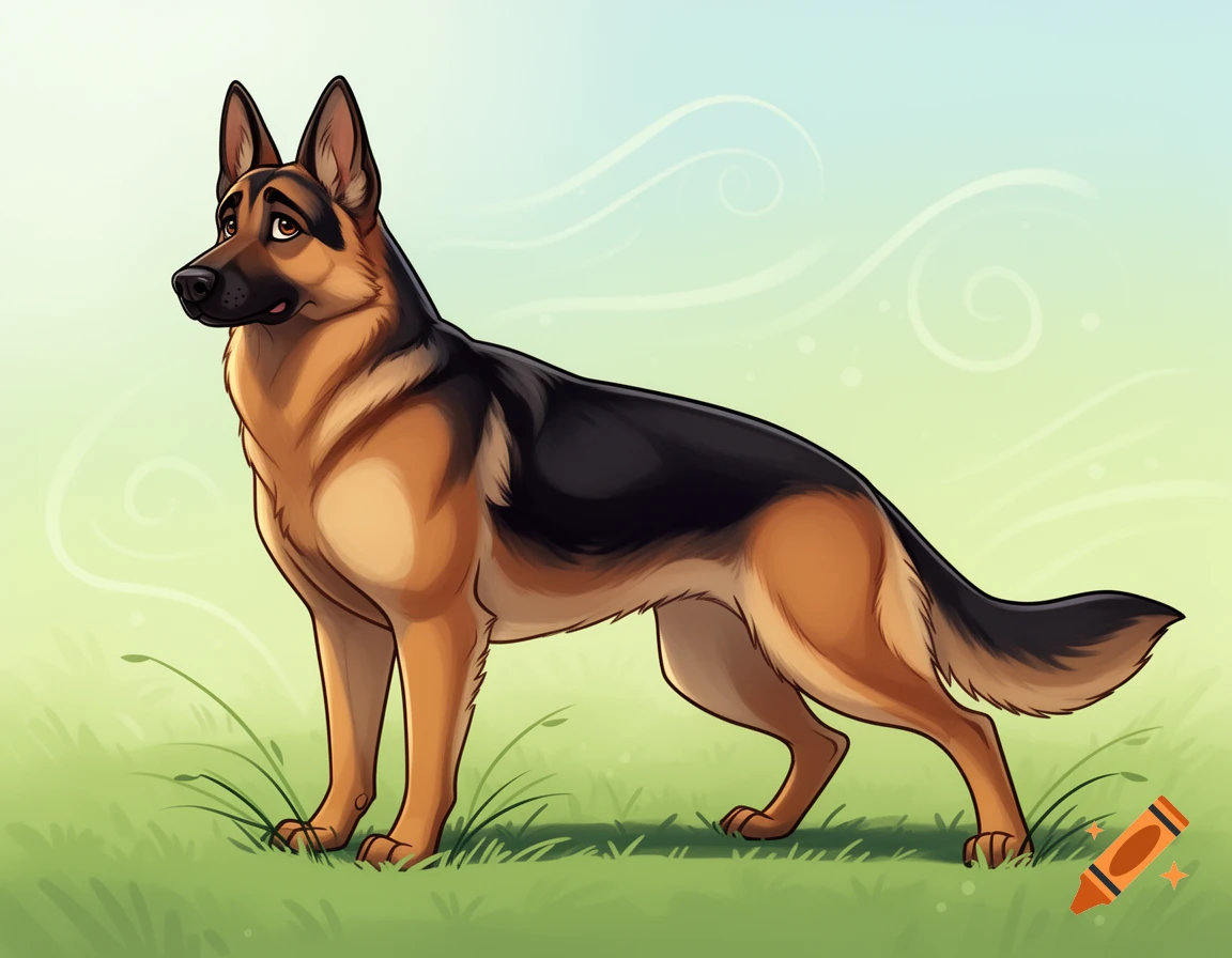 A cartoon German Shepherd dog in a show stack pose, standing on green grass under a pale blue and green sky.