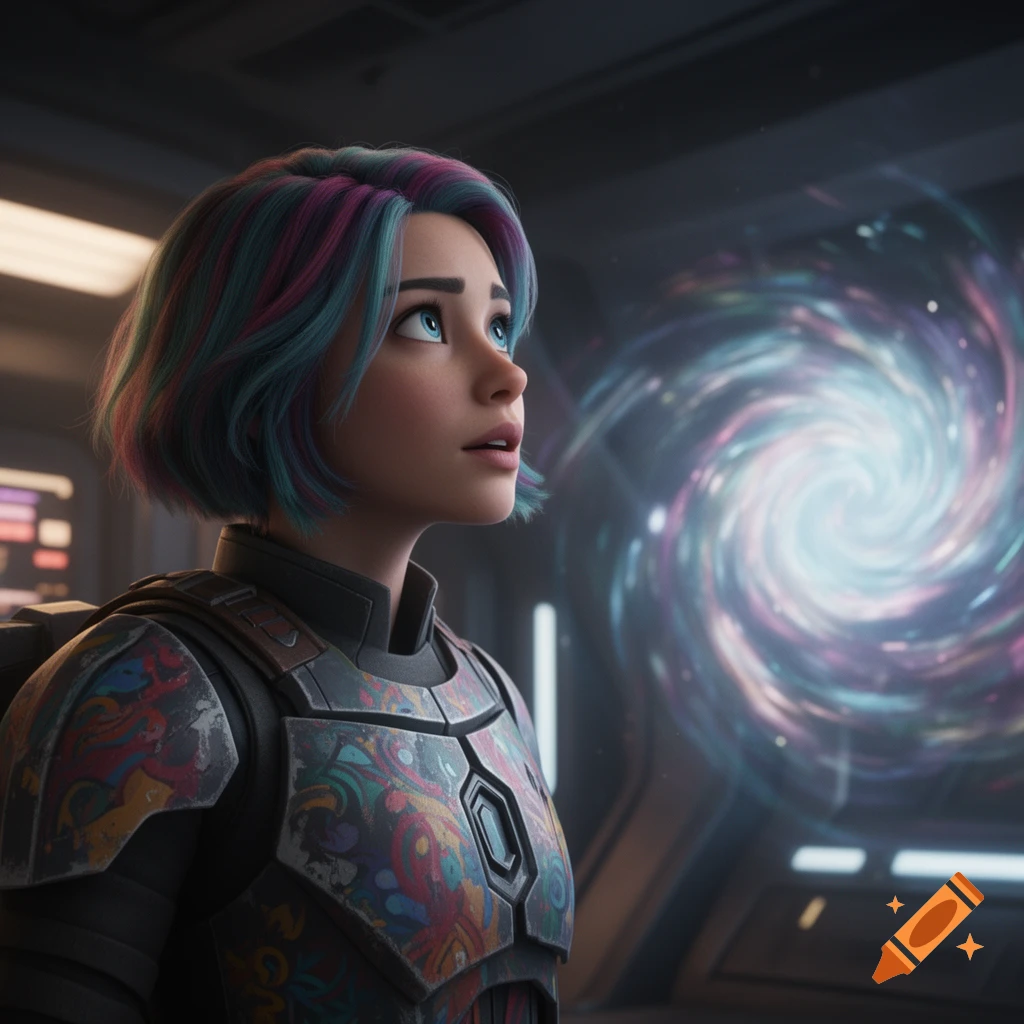 An animated young woman with colorful hair in patterned sci-fi armor looks in awe at a swirling galaxy vortex in a spaceship.