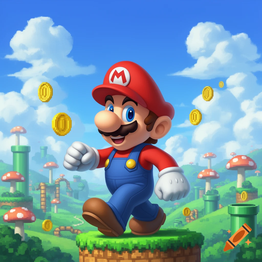 Mario running through a colorful 3D pixelated landscape with green hills, blue sky, clouds, mushrooms, and floating gold coins.