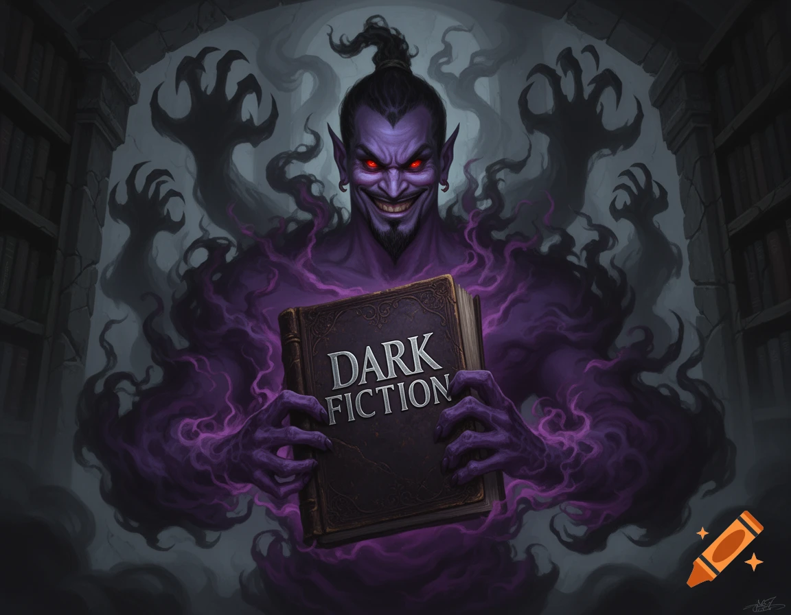A grinning evil genie-like figure with red eyes and purple smoky body holds a book titled "DARK FICTION" in a dimly lit library.