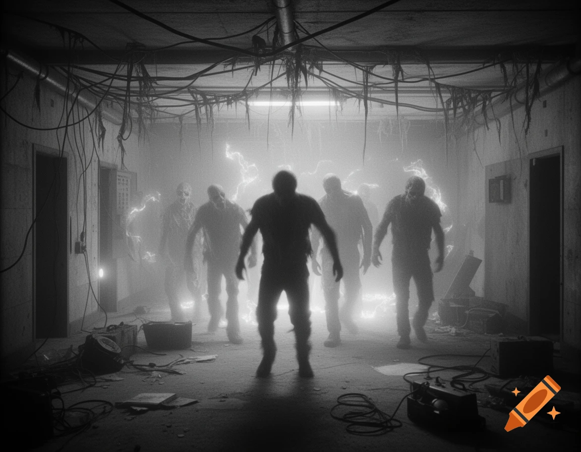 Black and white photo of shadowy zombies emerging from a glowing, misty bunker corridor filled with debris and electrical arcs.
