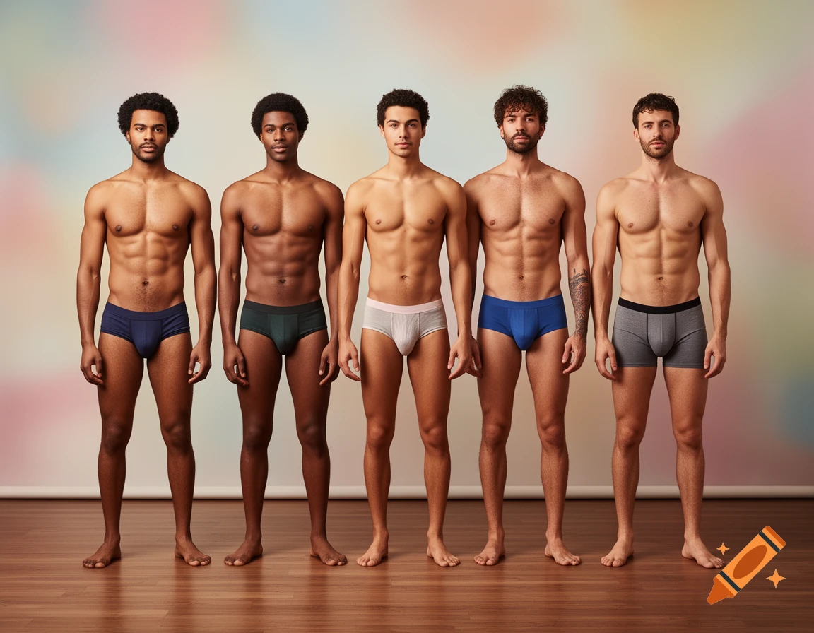 Five diverse men stand shirtless in different colored underwear on a wooden floor against a blurred pastel background.
