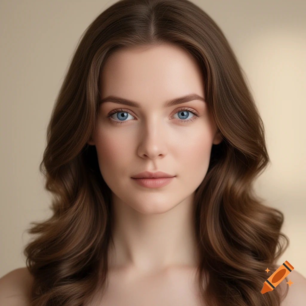 Photorealistic portrait of a young woman with long wavy brown hair, blue eyes, and fair skin, against a plain beige background.