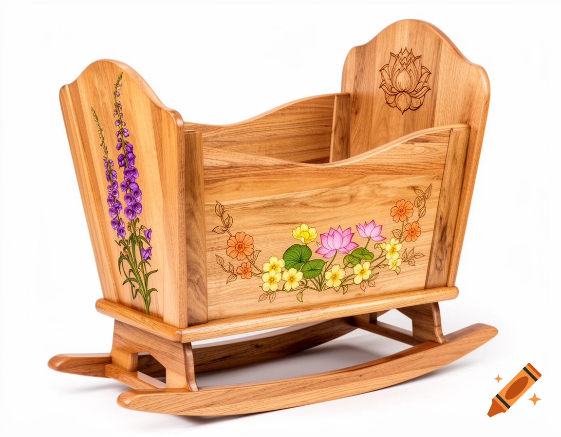 Handcrafted wooden rocking cradle with floral carvings of purple foxgloves, pink lotus, yellow primroses, and orange cosmos.