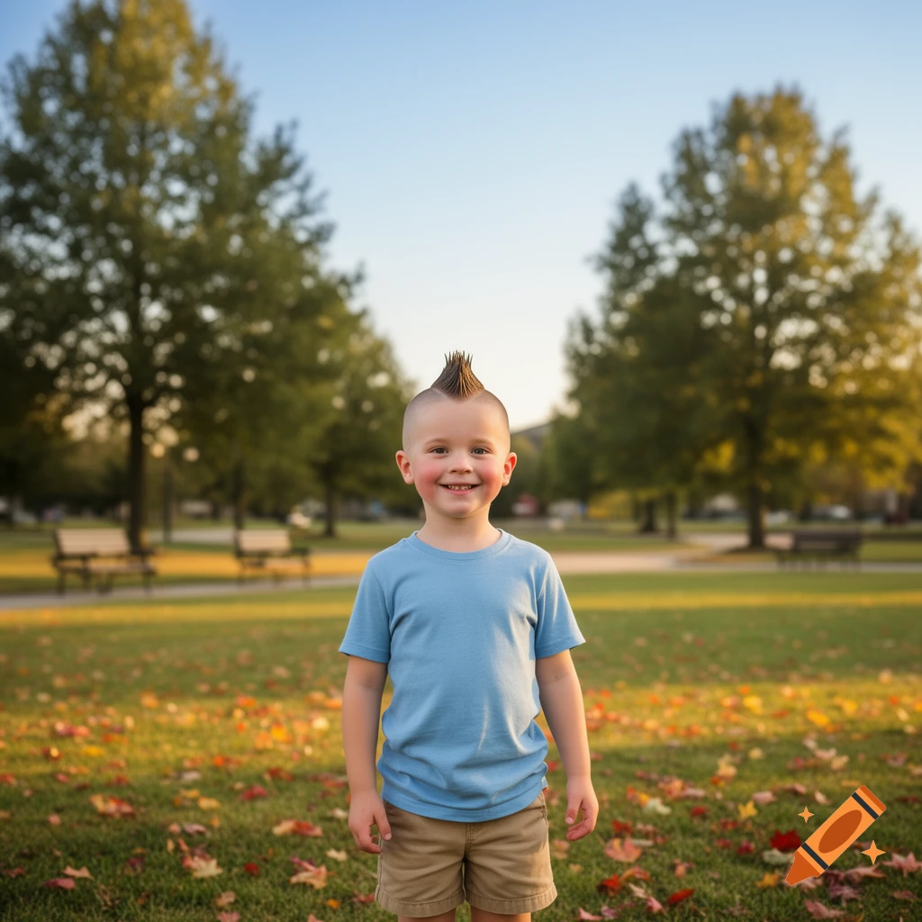 A smiling young boy with a mohawk wears a blue shirt and shorts, standing in a park with fallen leaves.