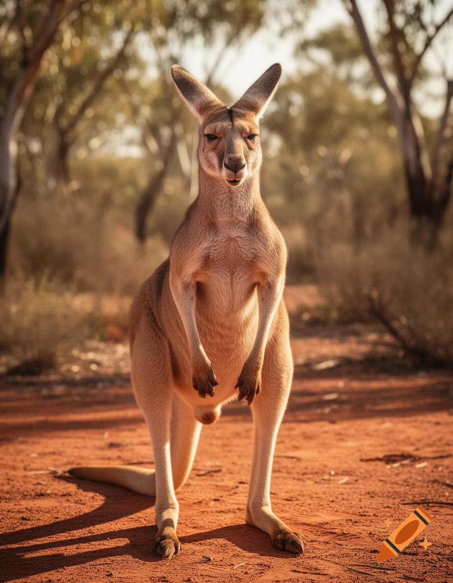 A realistic kangaroo stands on red dirt in a sunny, arid Australian landscape with blurred trees in the background.