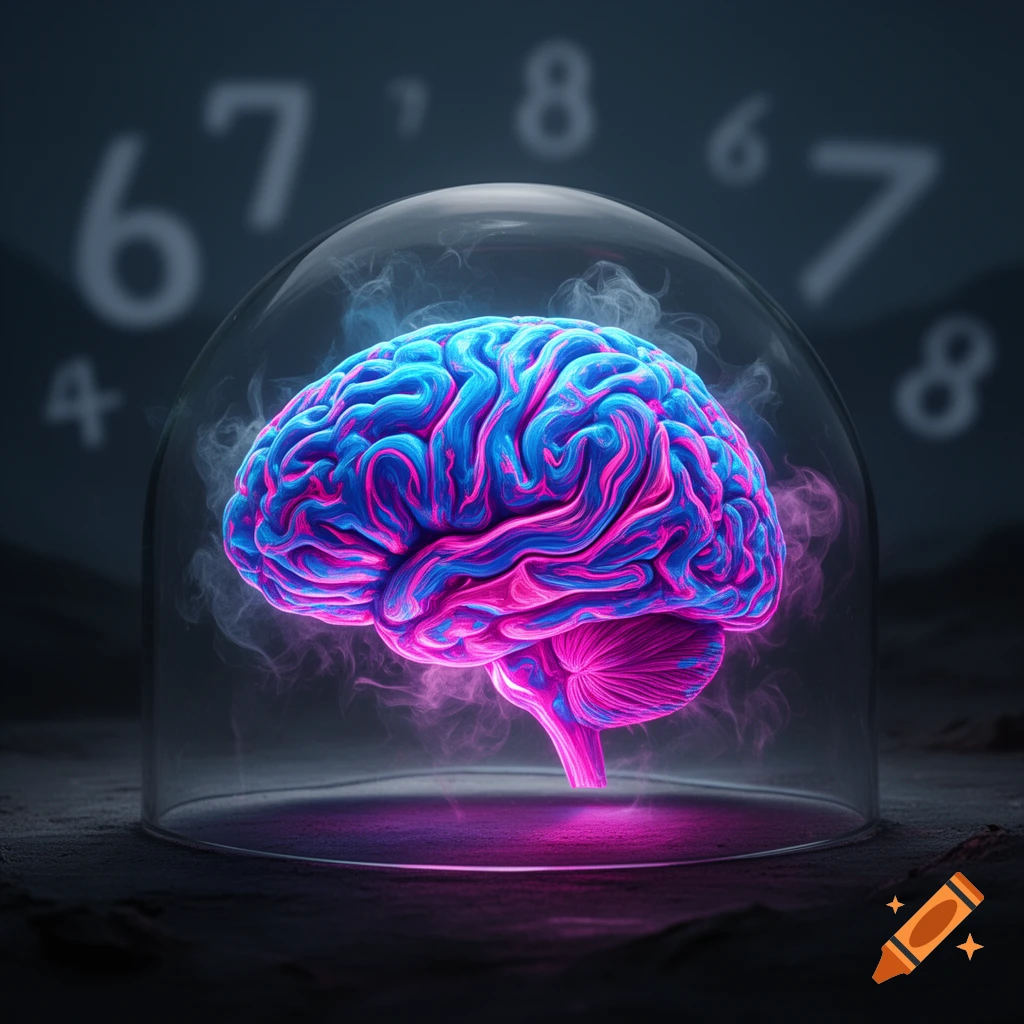 A glowing blue and pink brain under a glass dome, with blurry white numbers 4, 6, 7, and 8 in the dark background.