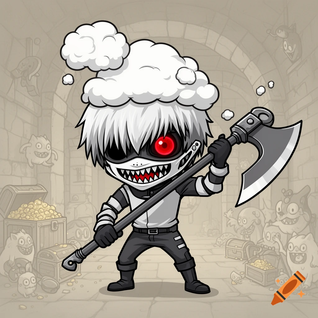 A cartoon chibi character with white hair, a red eye, sharp teeth mask, holding a large axe in a dungeon with treasure and monsters.