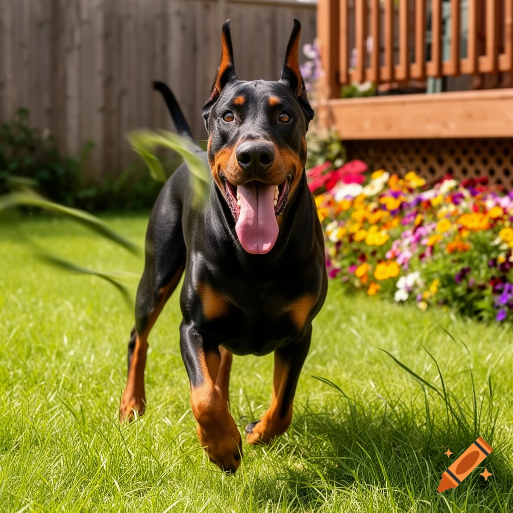 A happy Doberman dog with its tongue out runs through a sunny green garden filled with colorful flowers.