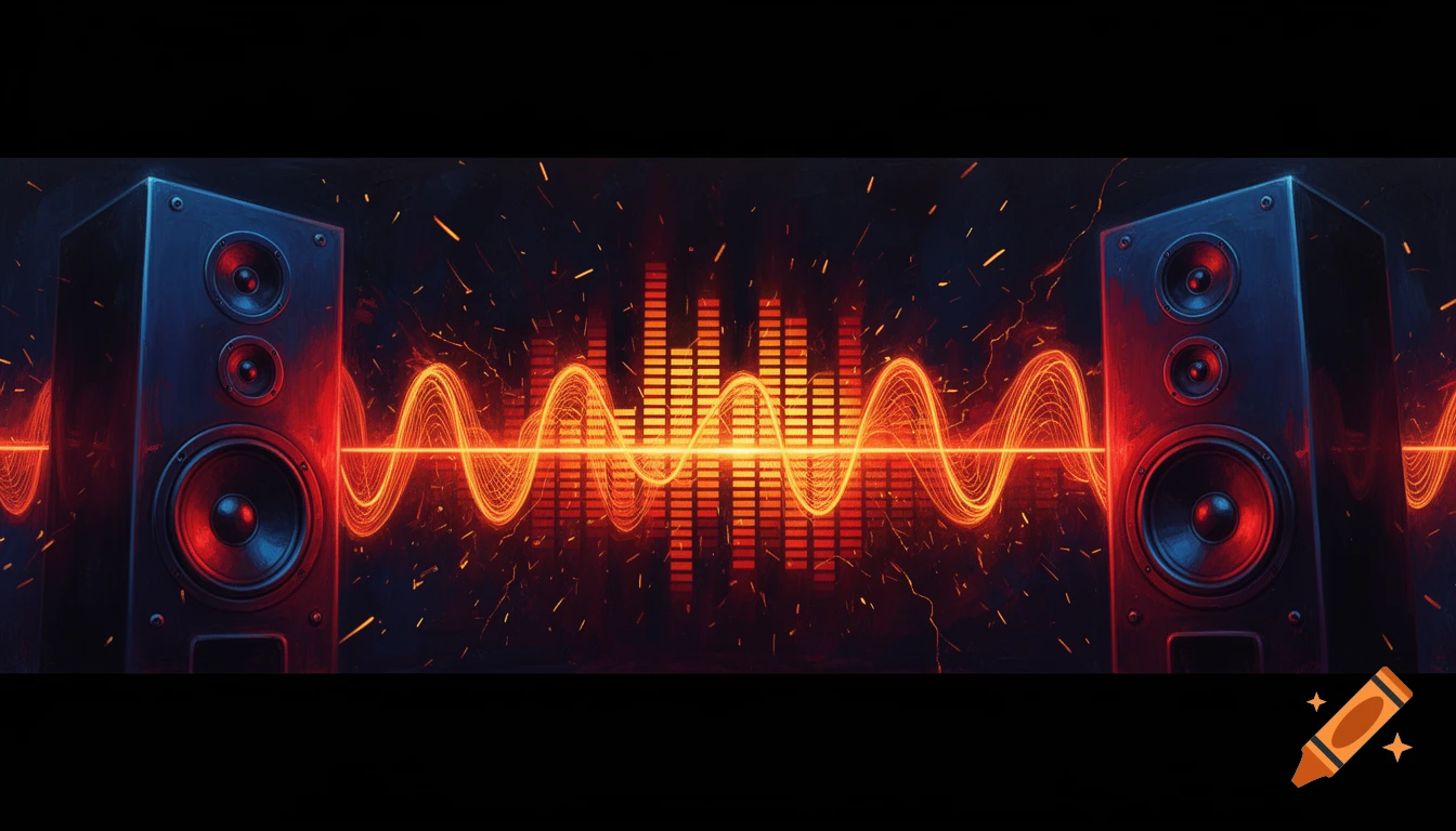 A dark banner with two large speakers on the sides, emitting fiery orange sound waves and a glowing equalizer in the center.