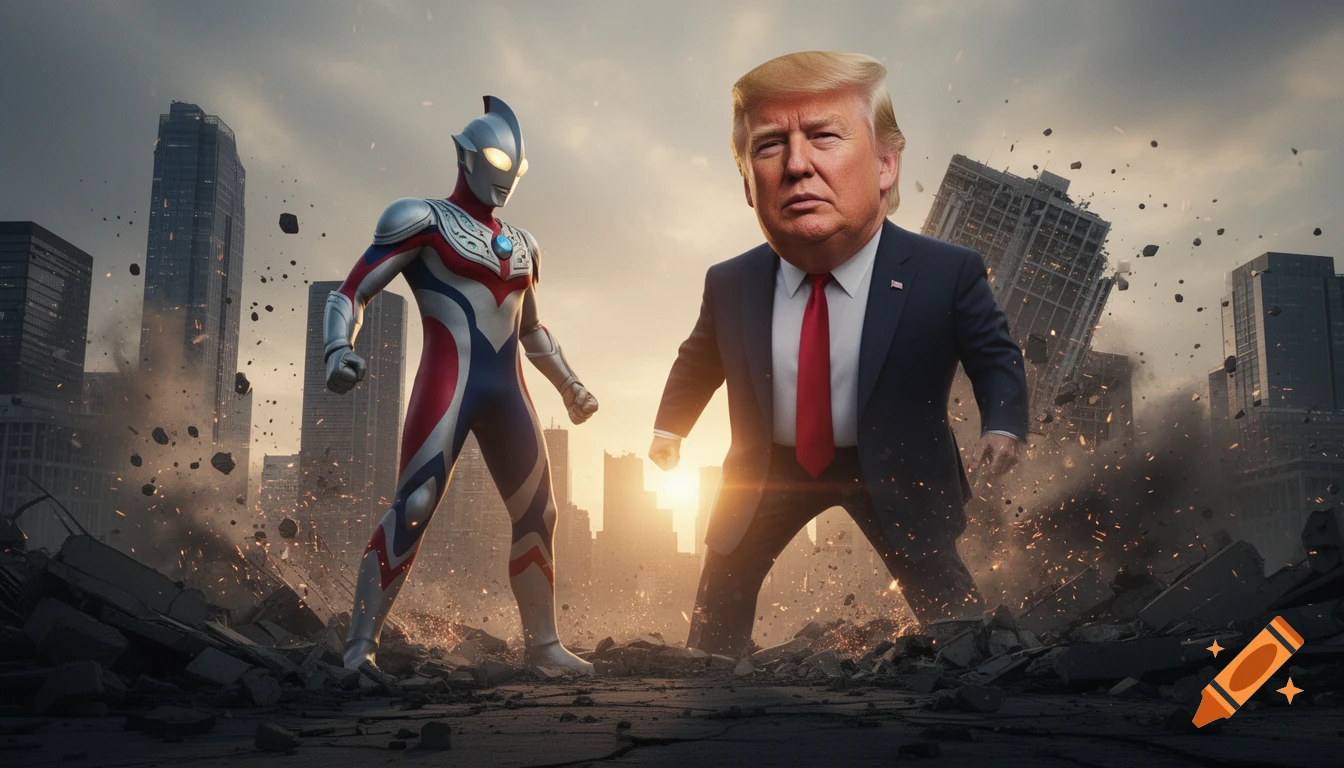 Photorealistic image of Ultraman Tiga and a gigantic Donald Trump in a devastated modern city at dusk, with collapsing buildings, smoke, and sparks.