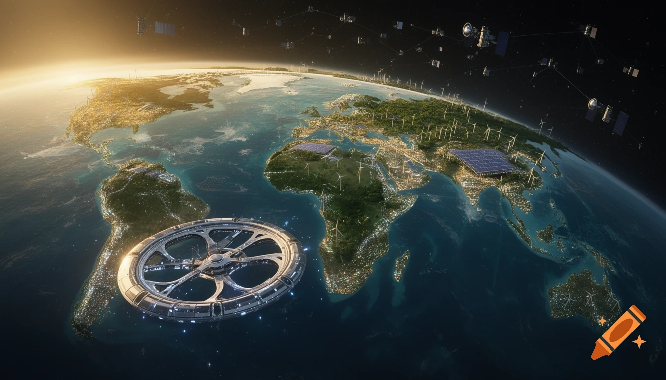 Photorealistic Earth from space with golden sunlight, featuring futuristic cities, wind/solar farms, satellites, and a large ring-shaped space station.