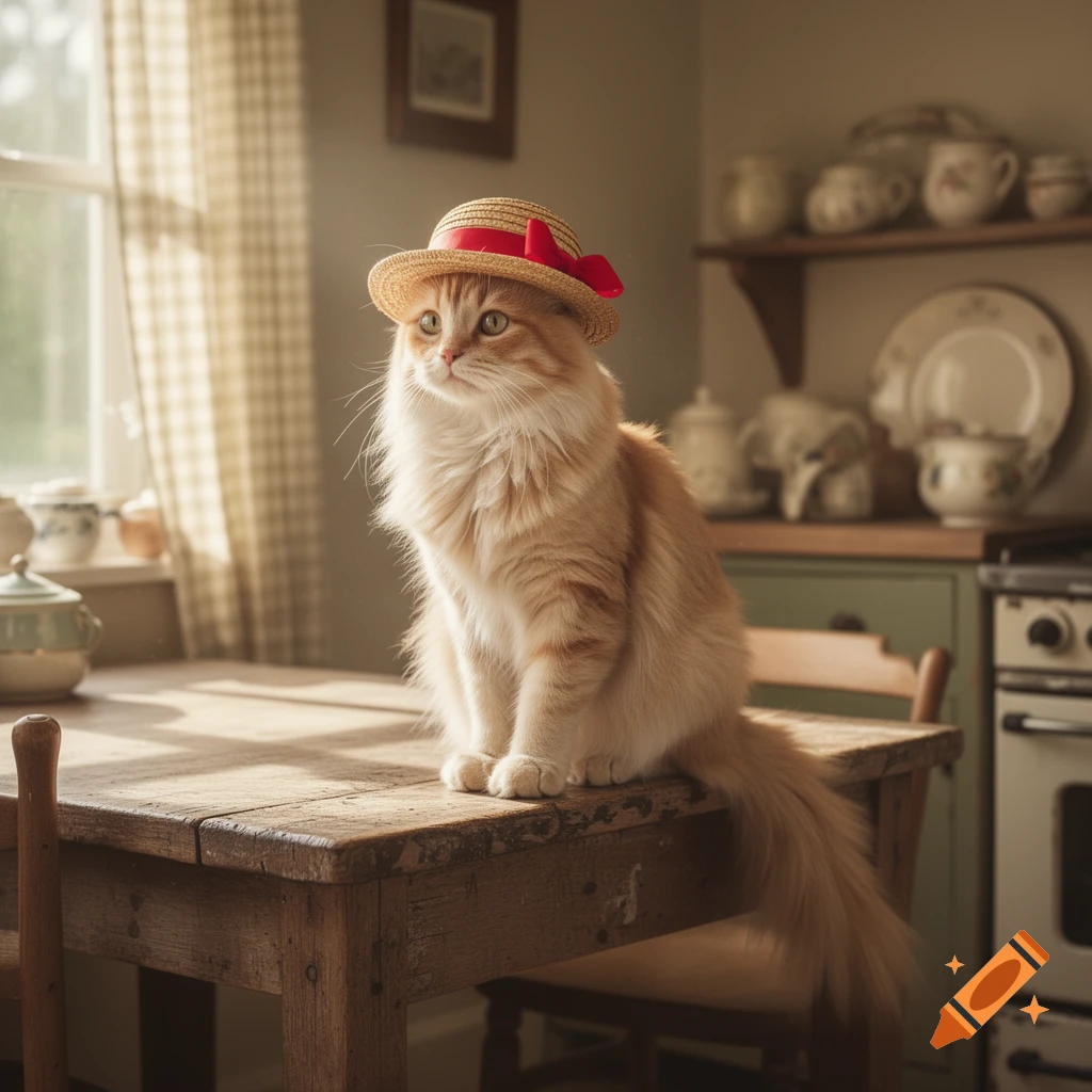 A fluffy orange cat wearing a straw hat with a red ribbon sits on a wooden kitchen table, bathed in sunlight.