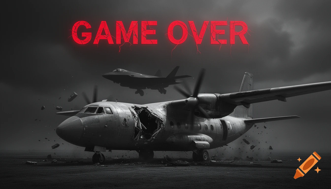 A monochrome, dramatic scene of a damaged propeller plane on the ground, with a stealth jet flying above. Red, cracked text "GAME OVER" glows in the dark sky.