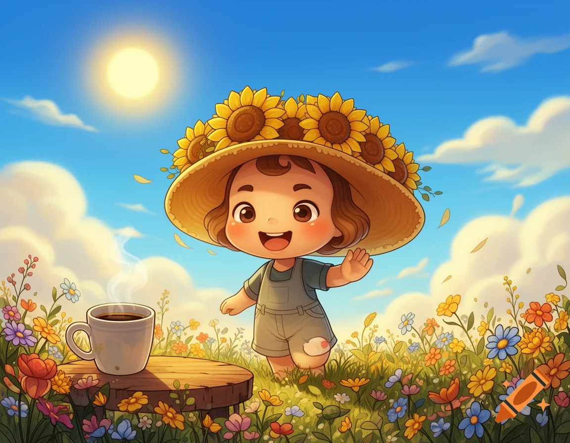 A cheerful cartoon child in a sunflower hat waves from a vibrant flower field, with a steaming coffee cup on a wooden table under a sunny blue sky.