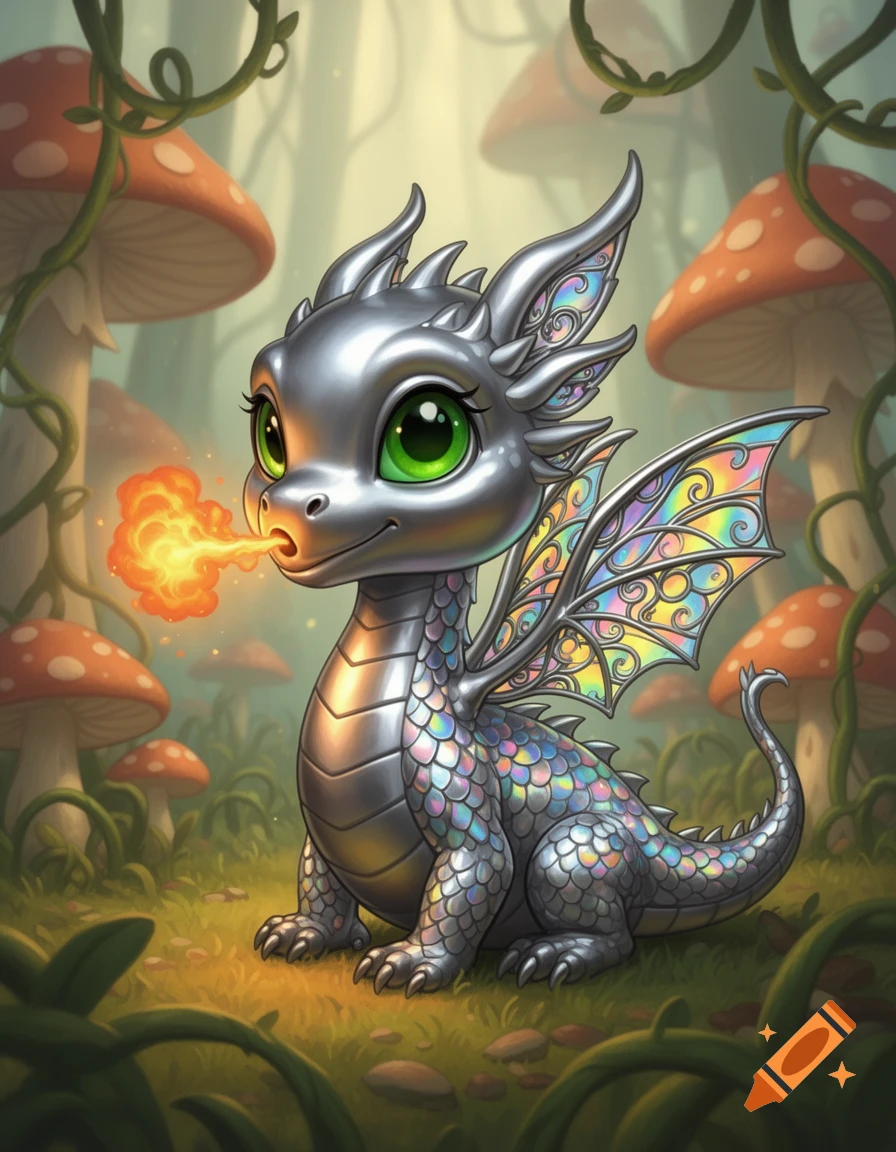 A cute, metallic baby dragon breathing fire in a whimsical cartoon forest with spotted mushrooms and vines.