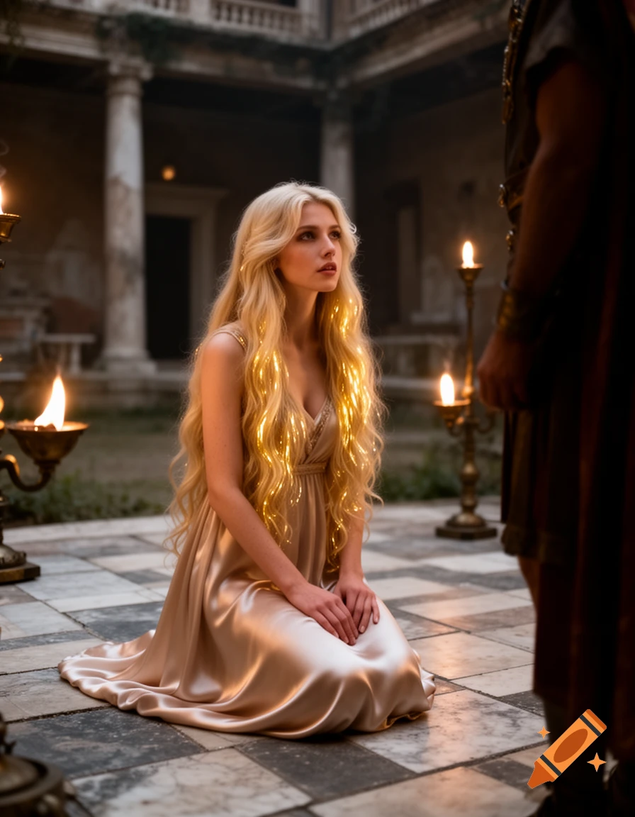 A blonde woman in a flowing dress with glowing hair kneels before a man in a torch-lit Roman courtyard.