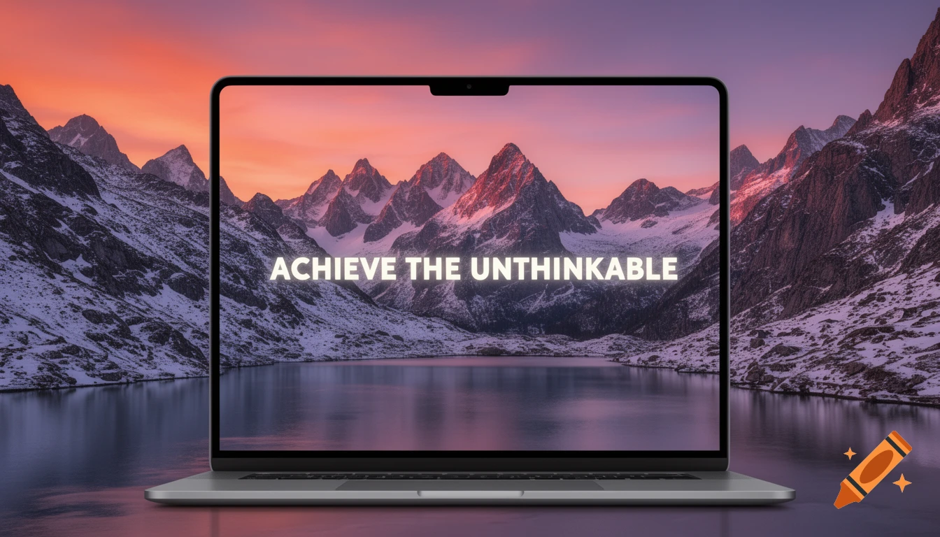 A laptop displaying a scenic mountain lake and snowy peaks at sunset, with "ACHIEVE THE UNTHINKABLE" text on the screen.
