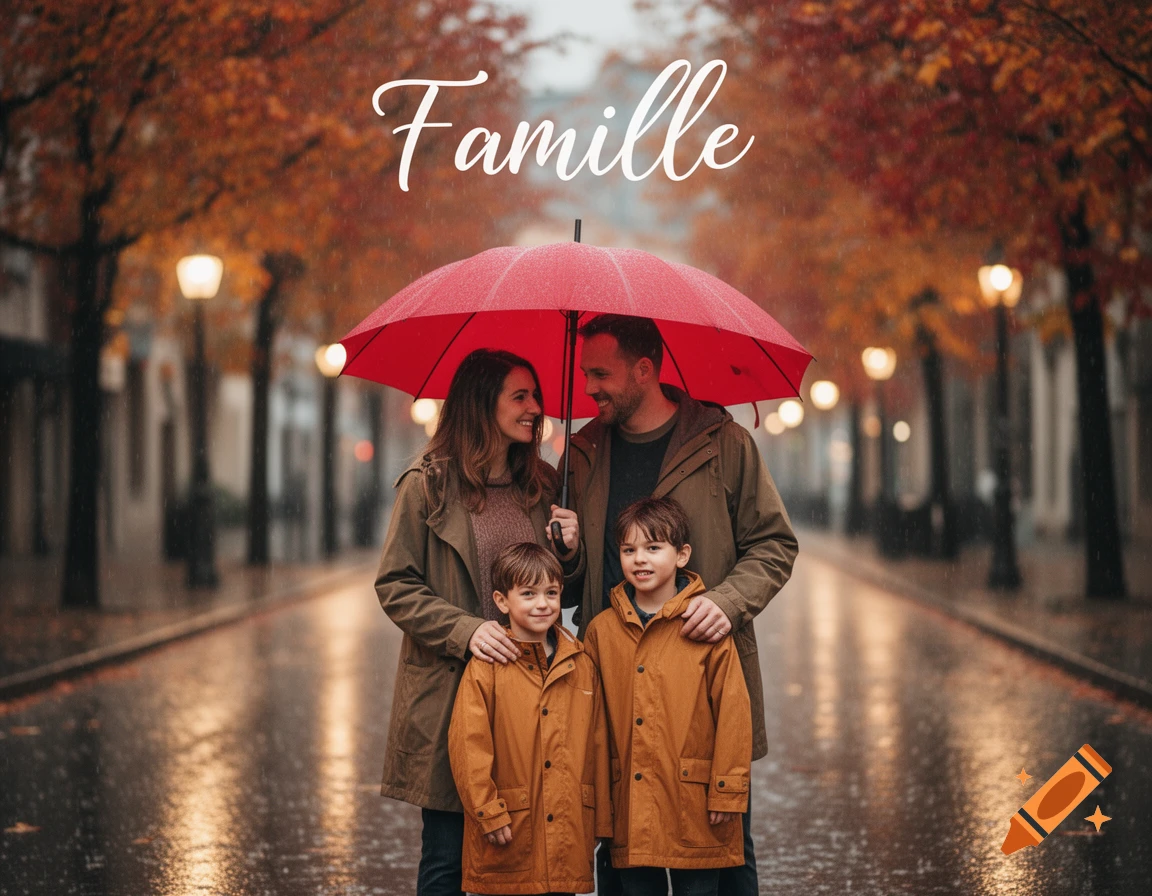 Photorealistic image of a family of four under a red umbrella in the rain on an autumn street, with text 'Famille'.