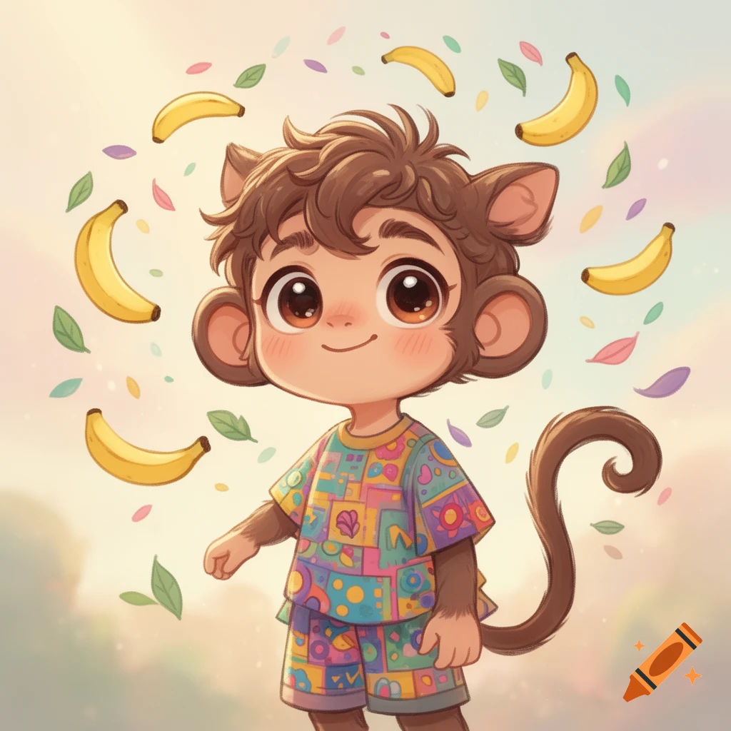 A cute, big-eyed cartoon boy with monkey ears and a tail, wearing a colorful patterned shirt and shorts, smiles as bananas and leaves float around him.