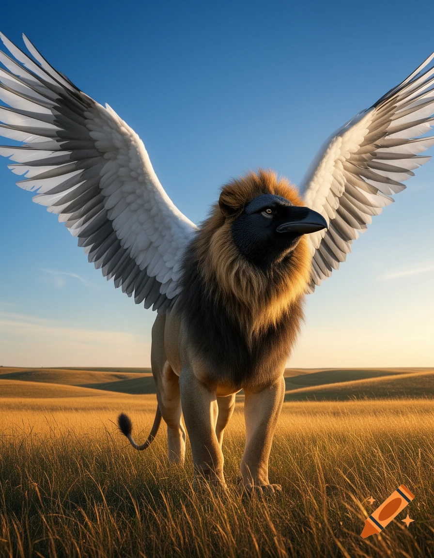 A majestic creature with a lion's body, black crow's head, and large white wings stands in a golden grassy field under a blue sky.