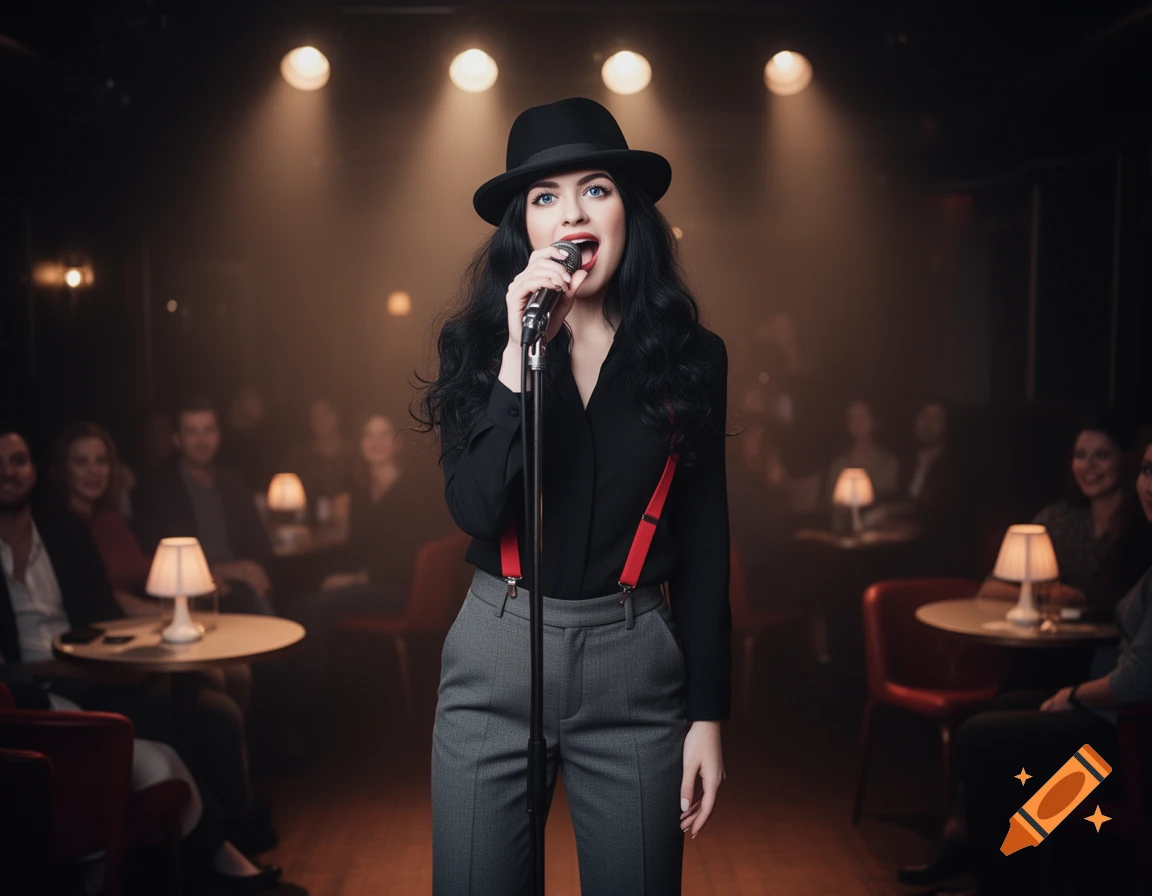 A young woman wearing a black fedora and red suspenders sings into a microphone on a dimly lit stage in a club, with an audience in the background.