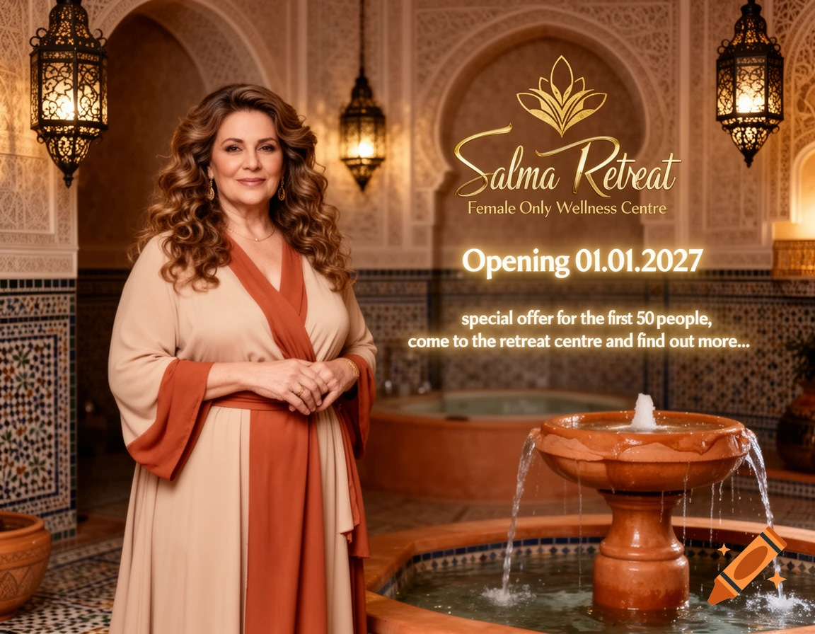 A smiling woman in a robe stands in a Moroccan wellness center lobby with a fountain, promoting Salma Retreat.