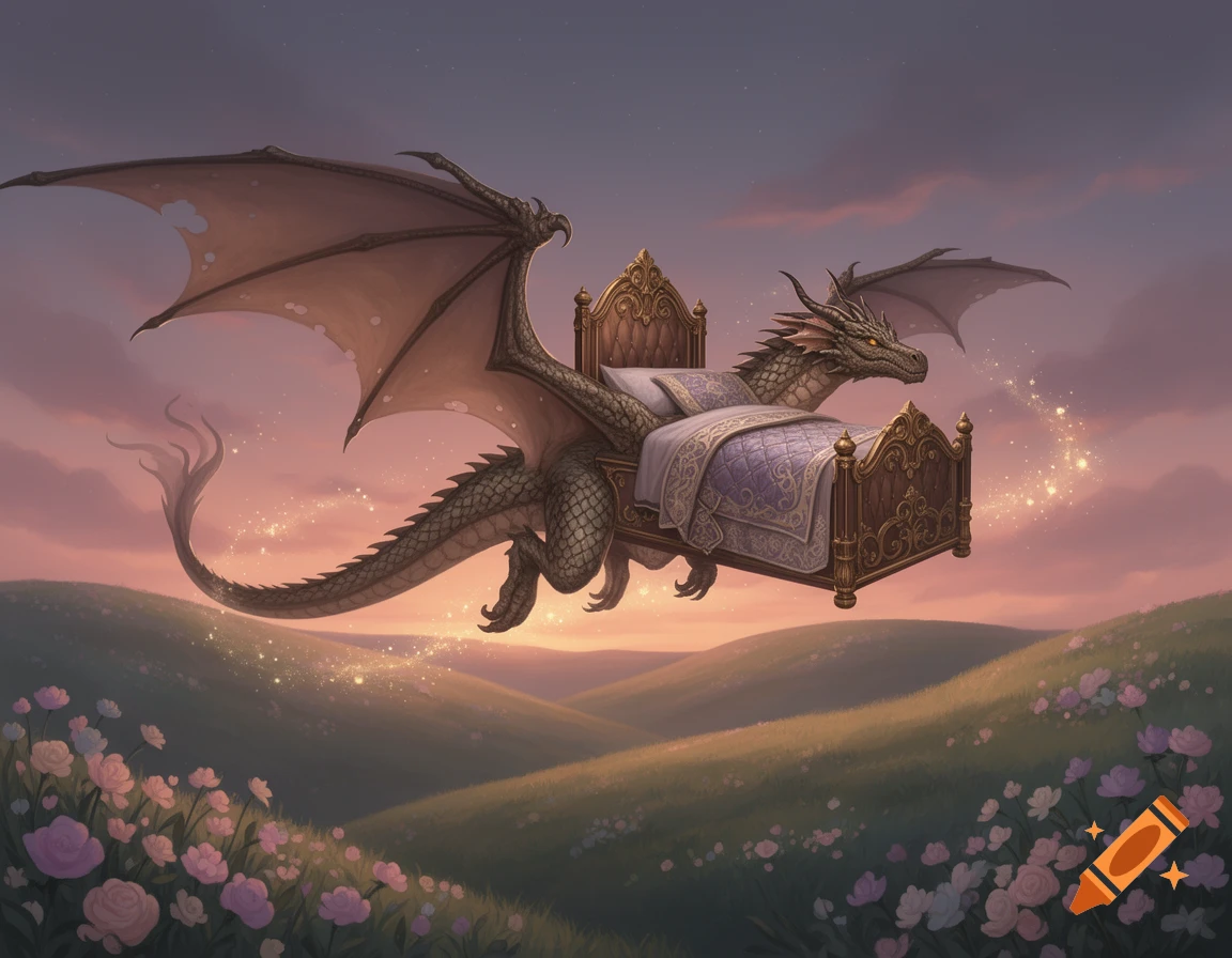 A fantasy dragon with large wings carries an ornate bed over a rolling, flower-filled landscape under a pastel sunset sky.