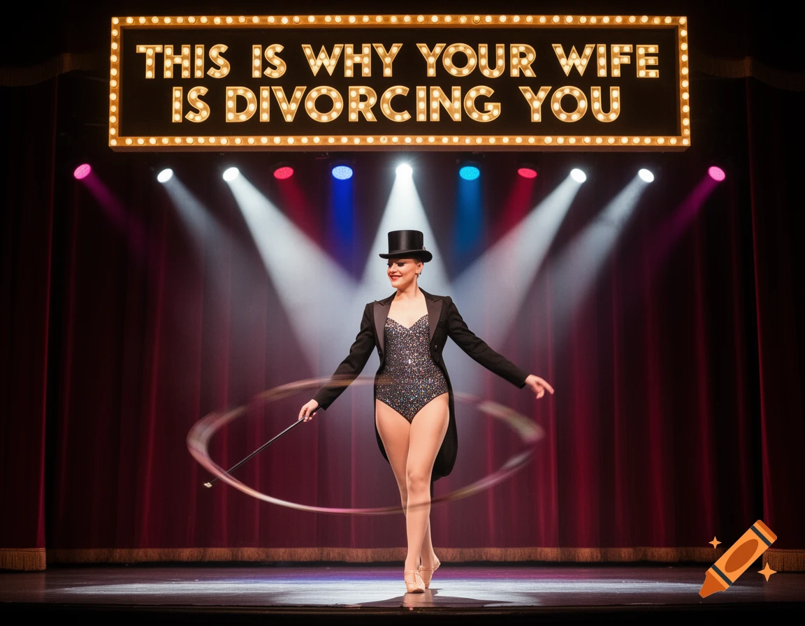 A woman in a glittery leotard, tuxedo, and top hat dances on a stage with a vaudeville cane, under a sign reading "THIS IS WHY YOUR WIFE IS DIVORCING YOU".