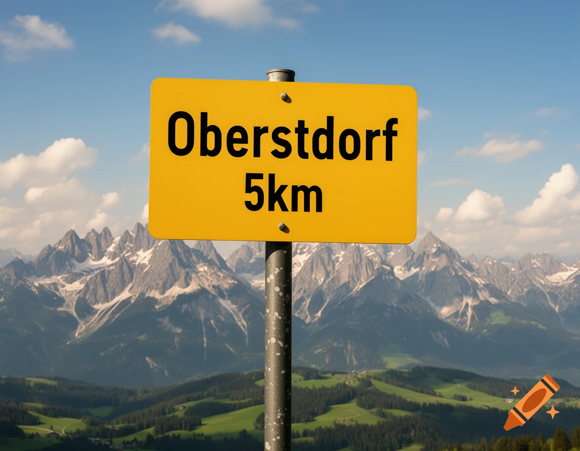 A yellow road sign reads 'Oberstdorf 5km' against a scenic background of snow-capped mountains and green hills under a blue sky.