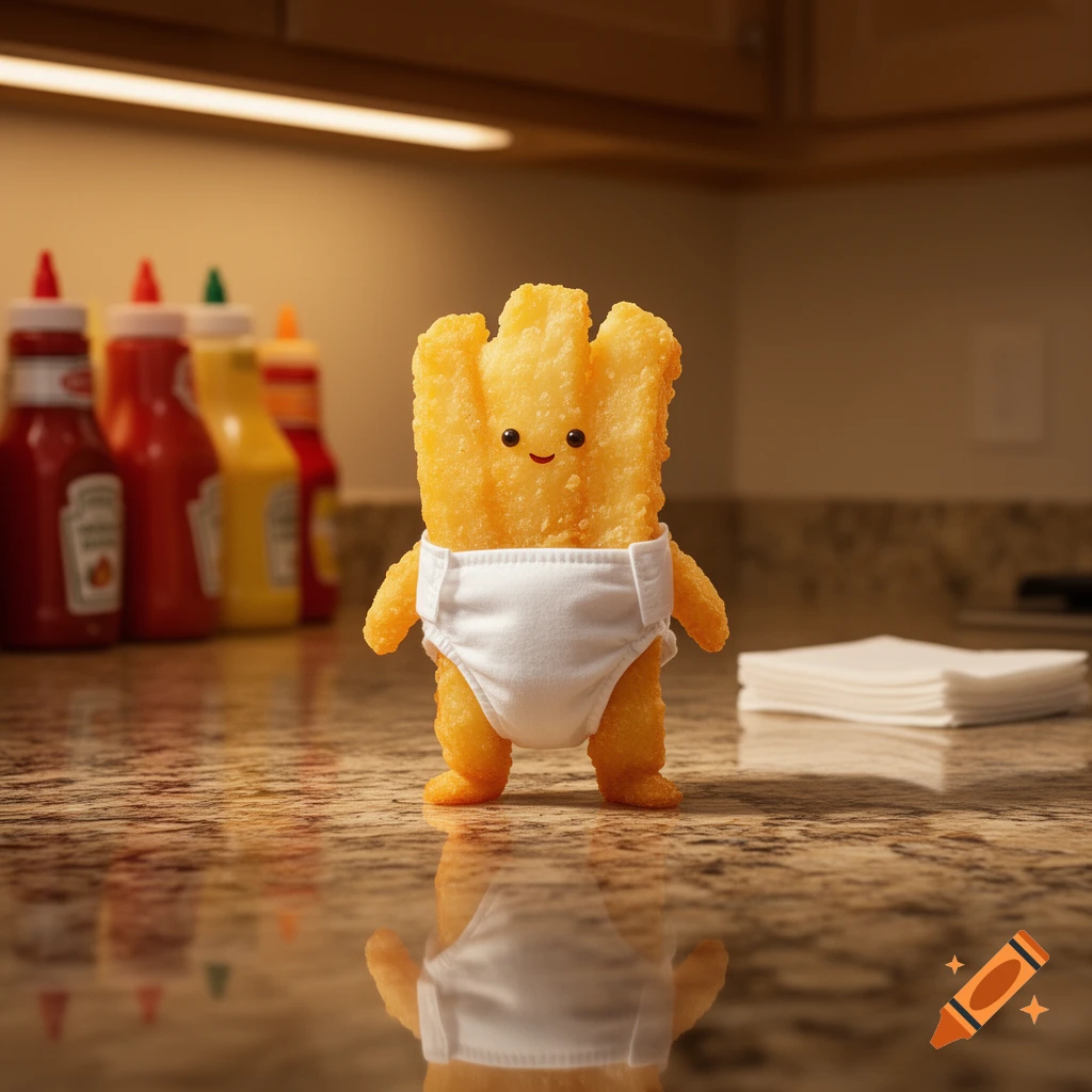 A cute anthropomorphic french fry character wearing a white diaper stands on a kitchen counter, with condiment bottles in the background.