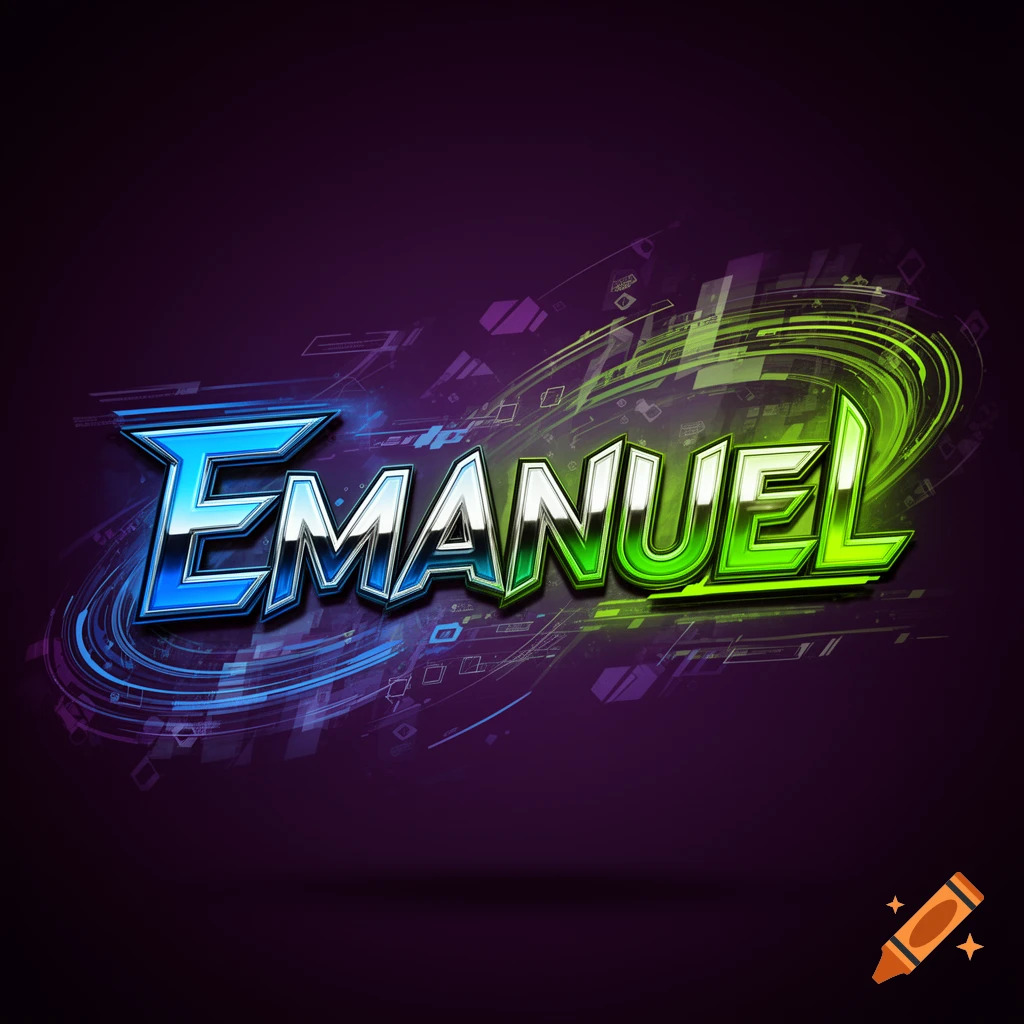 A vibrant, futuristic text logo spelling "EMANUEL" with the first half in blue and the second half in green, set against a dark background with swirling blue and green digital patterns.