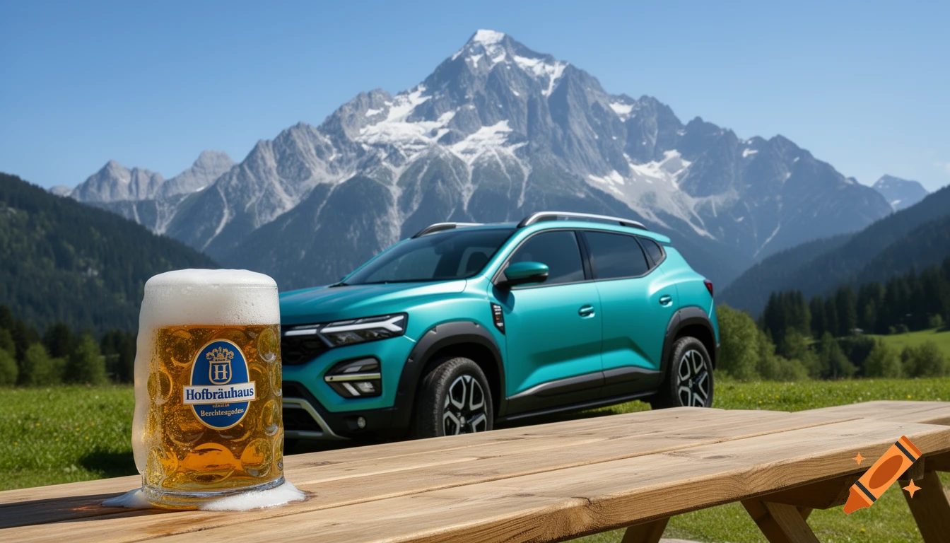 A teal SUV and a foamy Hofbräuhaus beer mug on a wooden table, set against a backdrop of green fields and snow-capped mountains under a blue sky.