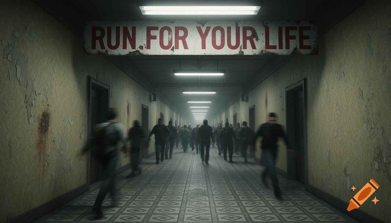 Photorealistic image of people running through a dimly lit, blood-stained hallway with a sign 'RUN FOR YOUR LIFE' overhead, creating a horror atmosphere.