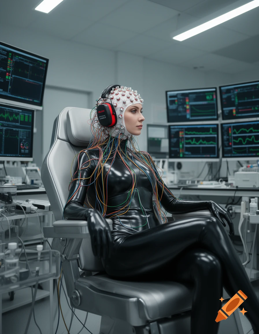 A woman in a black latex suit and EEG cap with colorful wires sits in a chair in a sci-fi lab with multiple monitors.