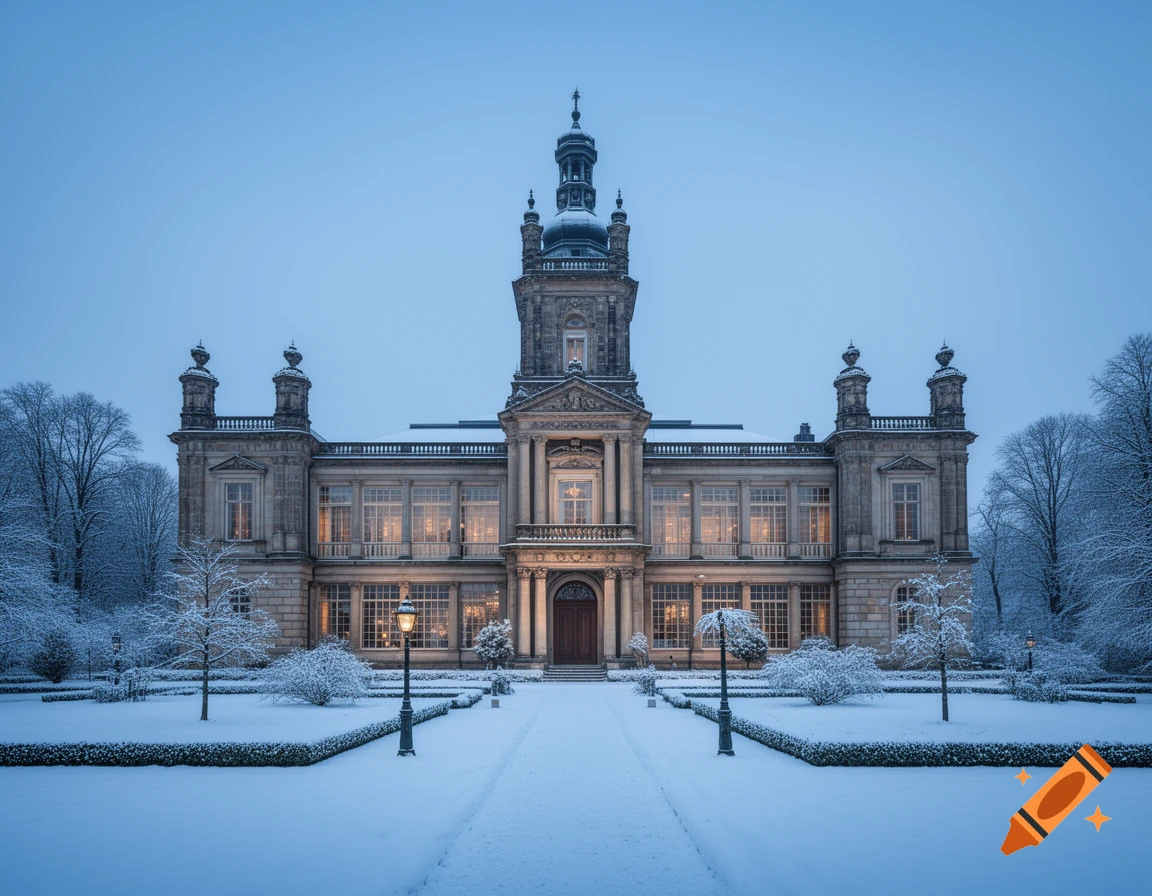 A majestic historic castle covered in snow, surrounded by a park with lamp posts, under a blue winter sky.
