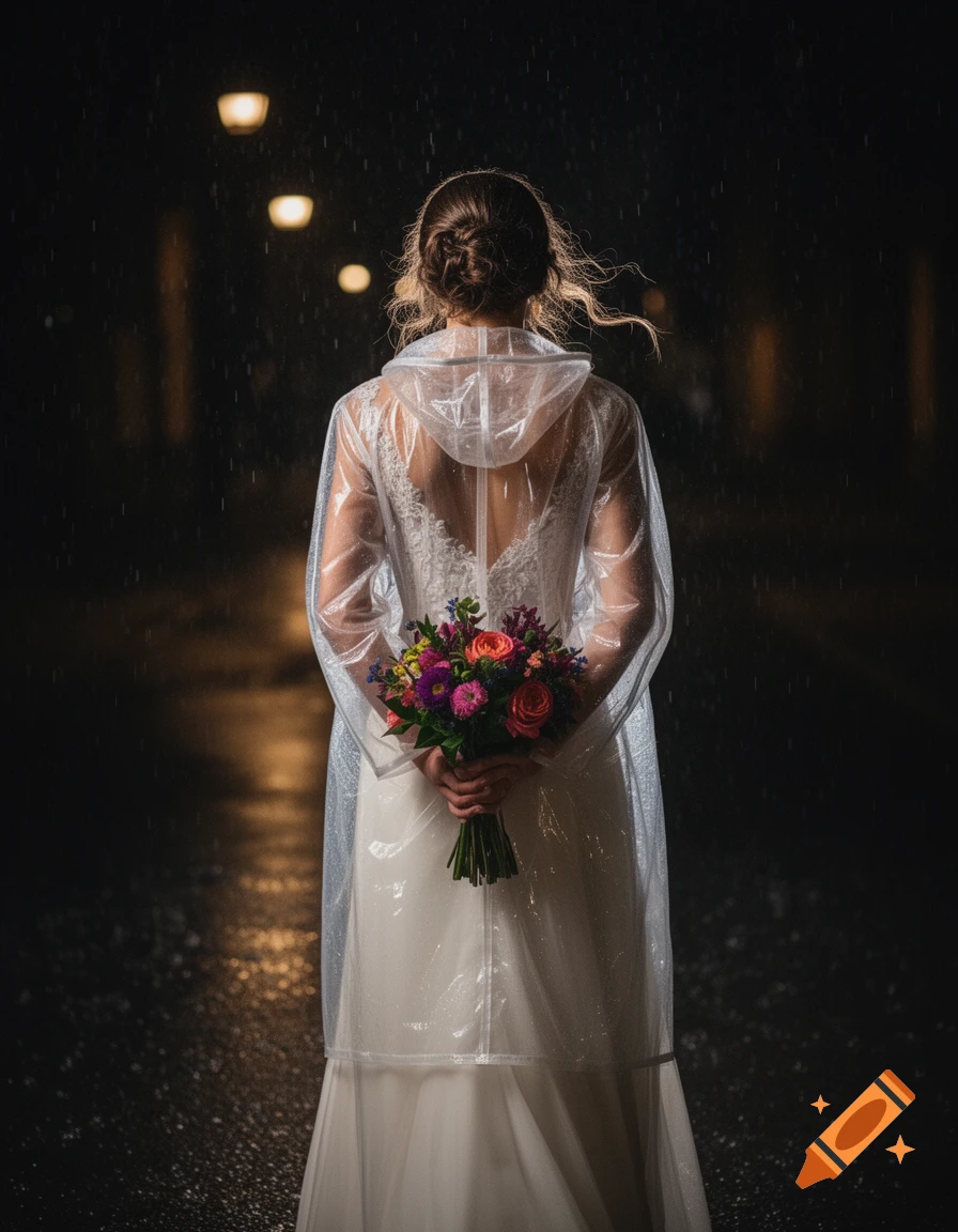 A woman in a white wedding dress and clear raincoat holds a colorful bouquet behind her back, standing in the rain at night.