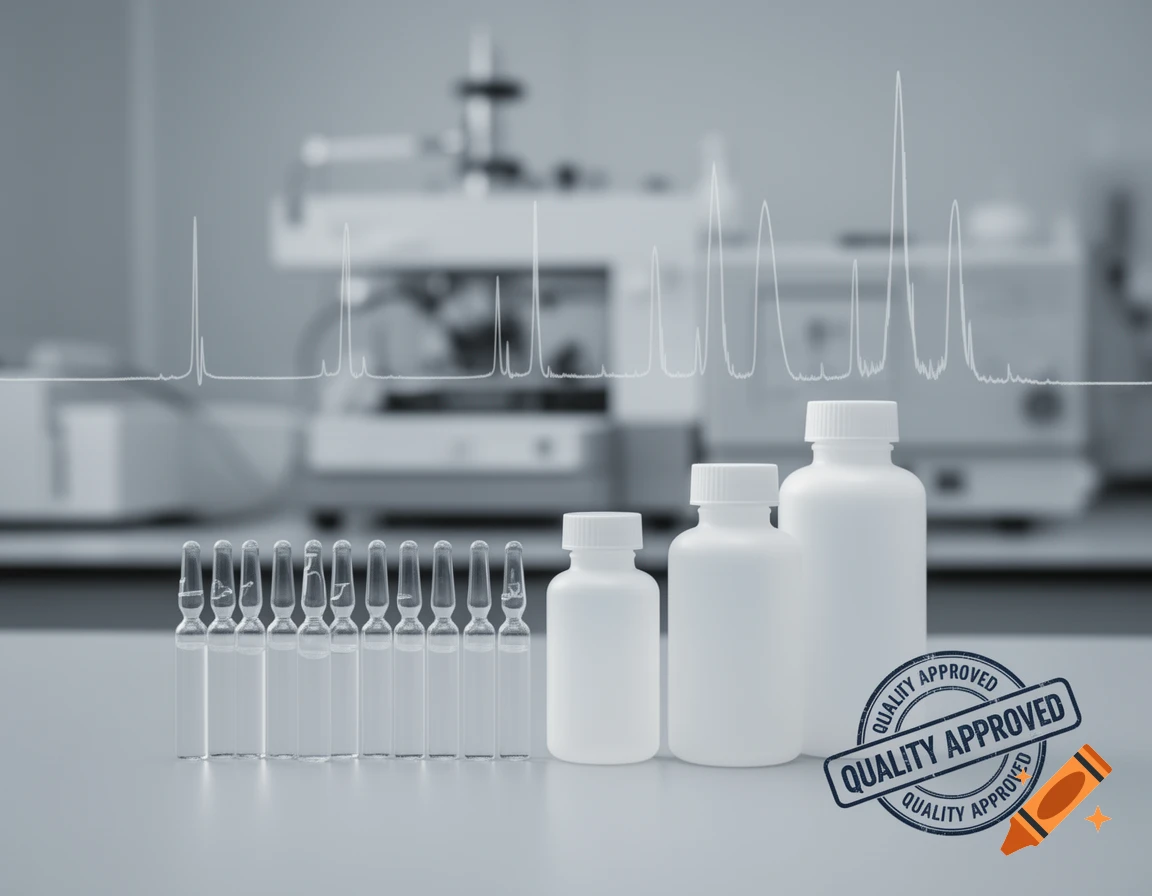 Photorealistic image of lab ampoules and bottles with a 'Quality Approved' stamp and chromatogram curves against a blurred lab background.