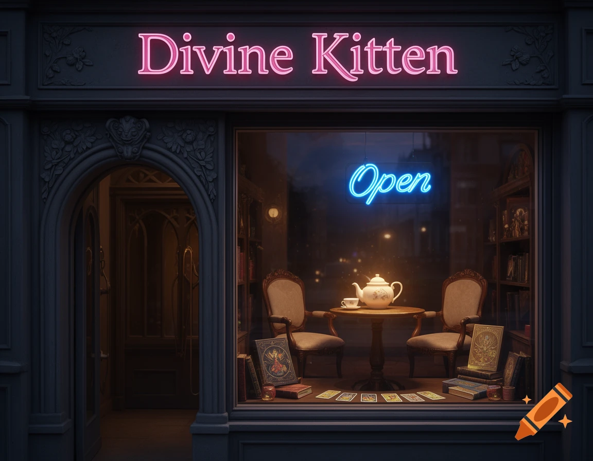 Photorealistic elegant storefront at twilight. Pink neon 'Divine Kitten' sign, blue 'Open' sign in window with teapot, books, tarot cards.