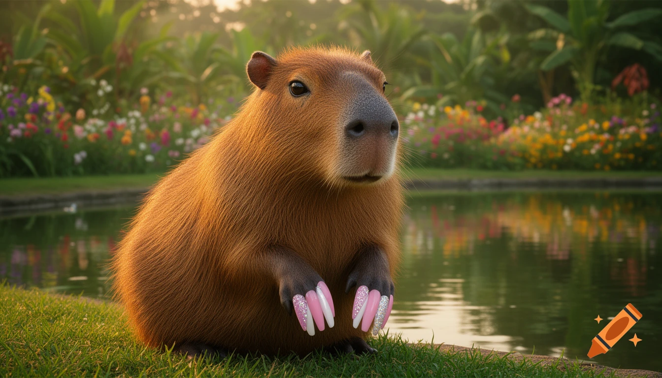 A photorealistic capybara with pink and white acrylic nails sits by a lake in a lush garden at golden hour.