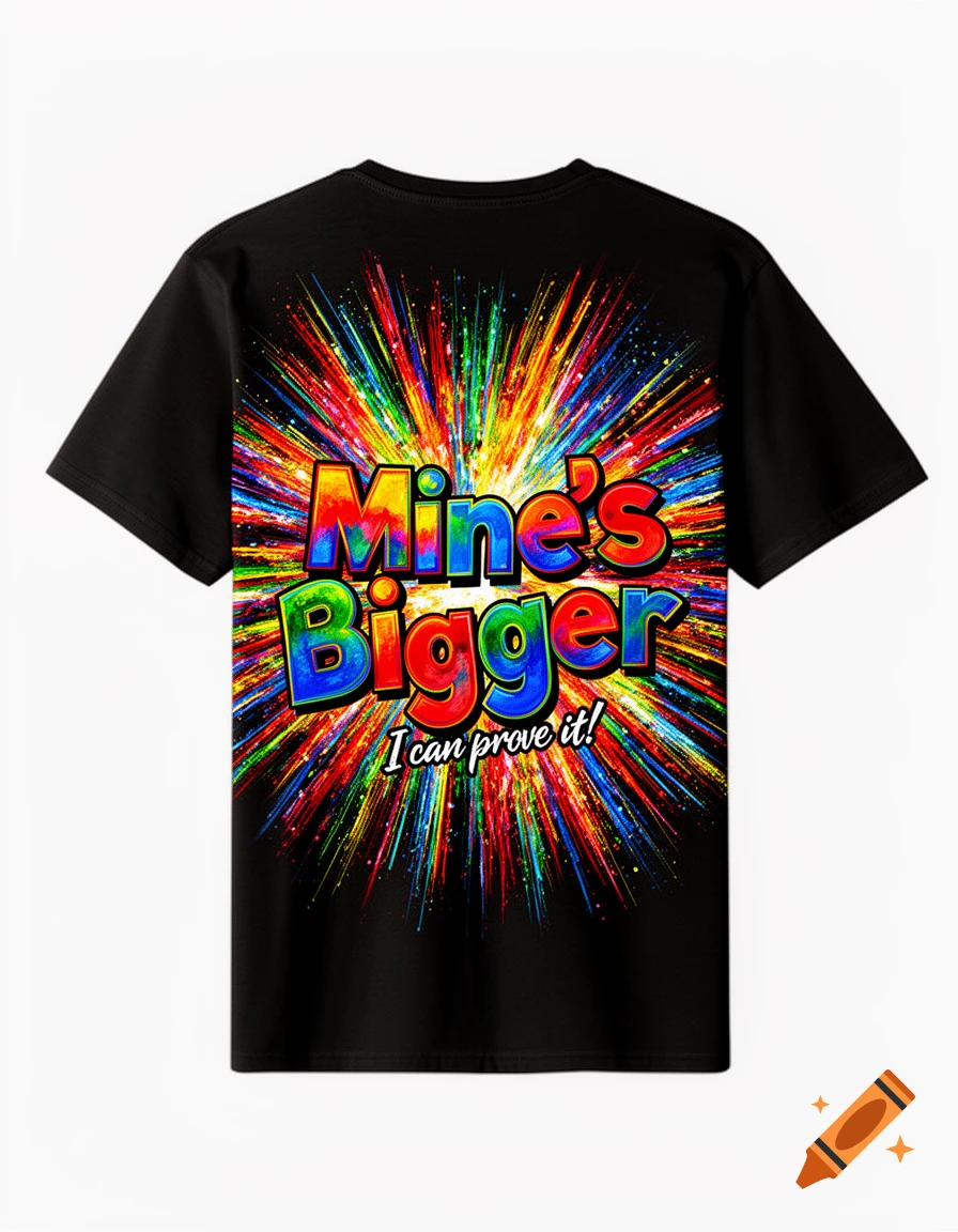 Black t-shirt with a colorful starburst design featuring the text 'Mine's Bigger' in large, vibrant letters and 'I can prove it!' below it.