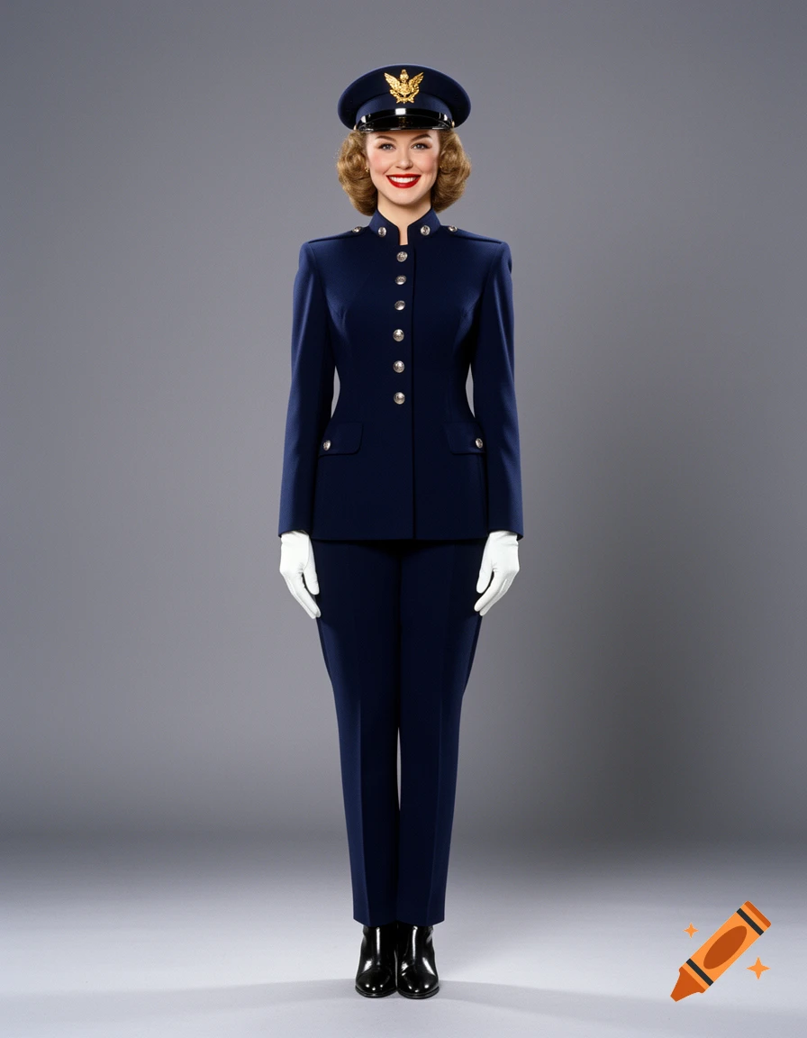 A smiling woman in a navy blue military uniform with white gloves and a peaked cap with a gold emblem, styled with 1950s glamour.