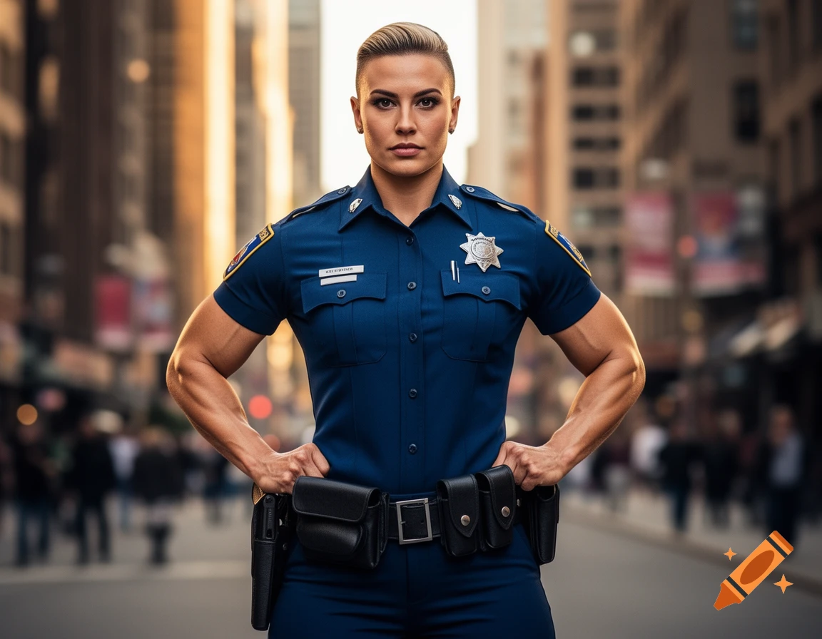 A muscular policewoman in a blue uniform stands with hands on hips on a city street, looking directly at the viewer.