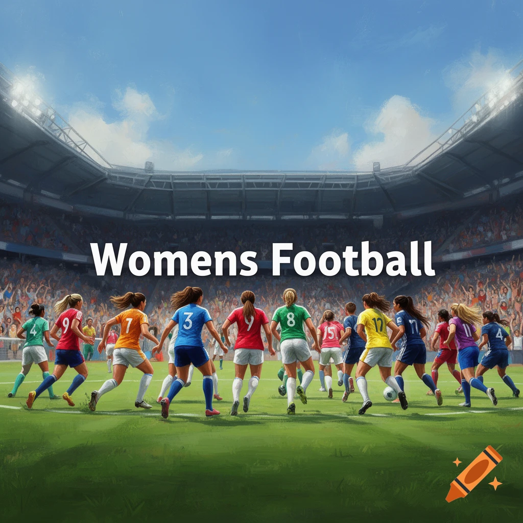 A wide shot of a women's football match in a stadium with 'Womens Football' text overlayed.