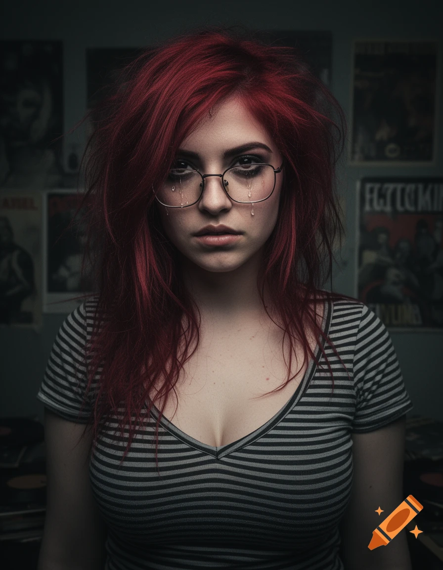 A close-up photorealistic portrait of an emo grunge girl with messy red hair and glasses, tears smudged on her cheeks, wearing a striped v-neck top.