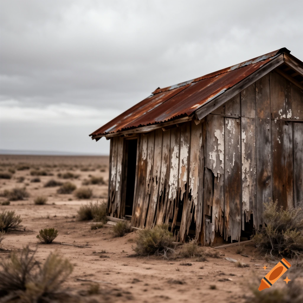 A weathered wooden shack with a rusty corrugated metal roof stands in a vast, arid desert under an overcast sky. The wooden planks of the shack are peeling and broken.
