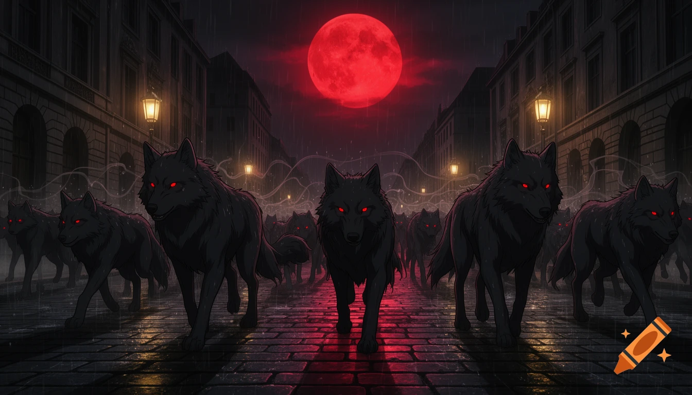 A pack of black wolves with glowing red eyes walks on a wet cobblestone street under a huge red full moon, in a dark, rainy city, anime style.