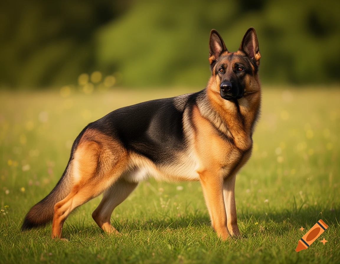 Photorealistic German Shepherd dog in a show stack pose standing in a grassy field.