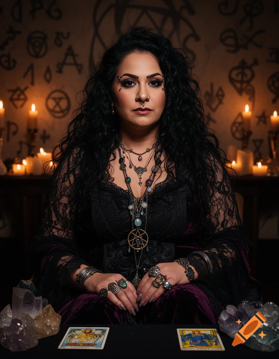 A portrait of a woman with dark curly hair and face piercings, wearing a dark lace and velvet dress, surrounded by candles, occult symbols, and tarot cards.